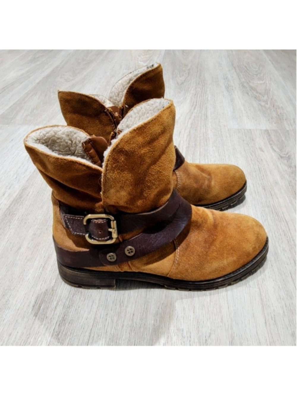 Biker Boots Womens 7 Brown Suede Faux Fur Lined Ankle Zip Buckle Winter Casual
